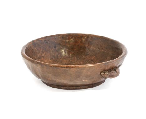 Robert Mouseman Thompson (1876-1955): An English Oak Fruit Bowl, tooled interior and exterior, with carved mouse trademark to