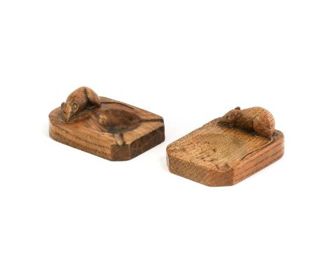 Robert Mouseman Thompson (1876-1955): Two English Oak Ashtrays, of standard rectangular form, each with carved mouse trademar