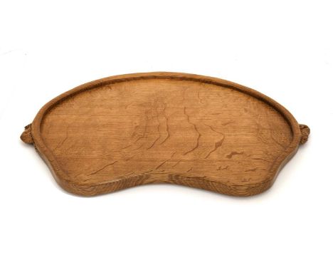 Workshop of Robert Mouseman Thompson (Kilburn): An English Oak Kidney Tea Tray, with carved mouse trademark handles, 47.5cm w