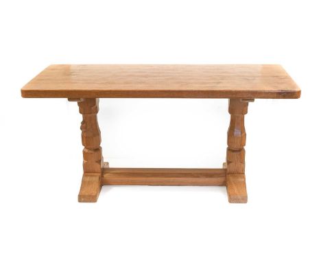 Workshop of Robert Mouseman Thompson (Kilburn): An English Oak 3ft Refectory Coffee Table, the rectangular top on two octagon