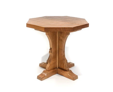 Workshop of Robert Mouseman Thompson (Kilburn): An English Oak Octagonal Coffee Table, adzed top, on a cruciform base, with c