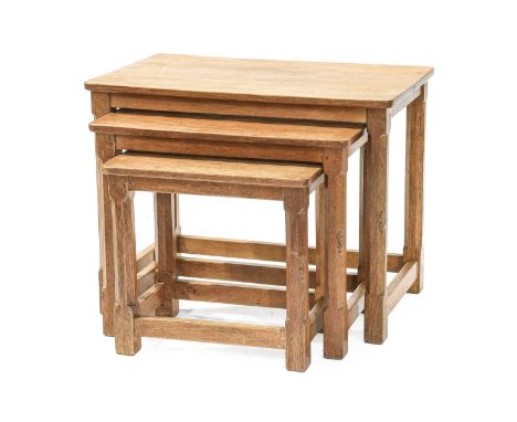 Workshop of Robert Mouseman Thompson (Kilburn): An English Oak Nest of Three Tables, adzed rectangular tops, on four octagona