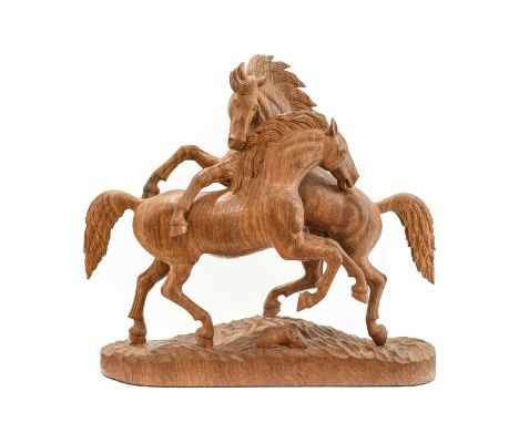 Workshop of Robert Mouseman Thompson (Kilburn): A Carved English Oak Stallion Group, by Stan Dodds (1928-2012) carved as two 