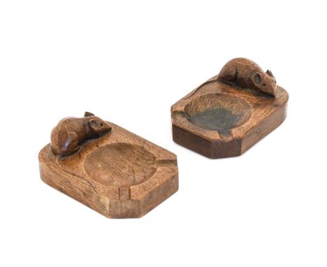 Robert Mouseman Thompson (1876-1955): Two English Oak Ashtrays, of standard rectangular form, each with carved mouse trademar