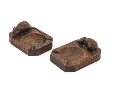 Robert Mouseman Thompson (1876-1955): Two English Oak Ashtrays, of standard rectangular form, each with carved mouse trademar