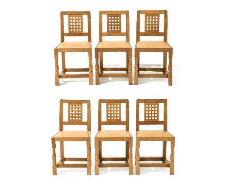 Workshop of Robert Mouseman Thompson (Kilburn): A Set of Six English Oak Lattice Back Dining Chairs, 1995, tan hide upholster