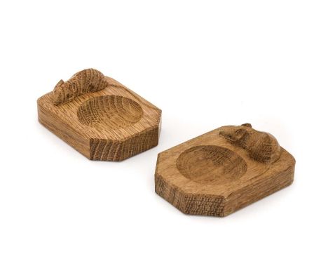 Workshop of Robert Mouseman Thompson (Kilburn): Two English Oak Ashtrays, of standard rectangular form, each with carved mous