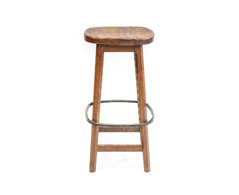 Workshop of Robert Mouseman Thompson (Kilburn): A Burr Oak Bar Stool, on four octagonal legs joined by rail, with wrought-iro