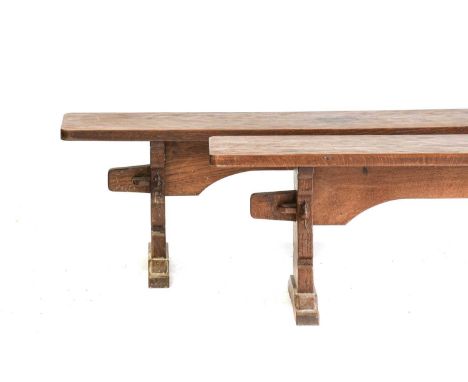 Robert Mouseman Thompson (1876-1955): An English Oak 4ft Refectory Table, dowelled and adzed top, on two shaped supports, squ