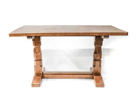 Workshop of Robert Mouseman Thompson (Kilburn): An English Oak 4'6" Refectory Dining Table, adzed two plank top, on two octag