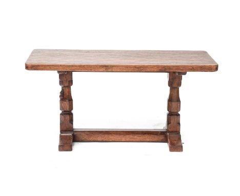 Workshop of Robert Mouseman Thompson (Kilburn): An English Oak 3ft Refectory Coffee Table, the rectangular adzed top on two o