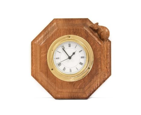 Workshop of Robert Mouseman Thompson (Kilburn): An English Oak Octagonal Wall Clock, with carved mouse trademark, 20.5cm diam