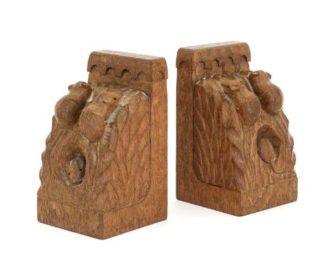 Workshop of Robert Mouseman Thompson (Kilburn): A Pair of English Oak Triple Mice Bookends, each carved with three mice and t