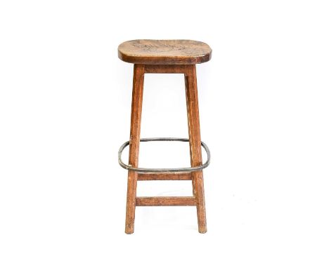 Workshop of Robert Mouseman Thompson (Kilburn): A Burr Oak Bar Stool, on four octagonal legs joined by rail, with wrought-iro