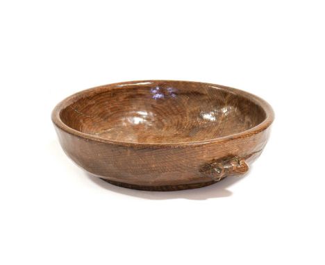 Robert Mouseman Thompson (1876-1955): An English Oak Fruit Bowl, tooled interior and exterior, with carved mouse trademark to