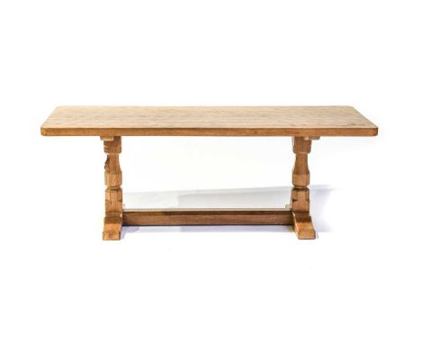 Workshop of Robert Mouseman Thompson (Kilburn): An English Oak 4ft Refectory Coffee Table, the rectangular adzed two plank to