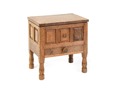 Wrenman: Bob Hunter (Thirlby): An English Oak Work Box, with a rectangular lid over a single drawer, on four octagonal legs, 