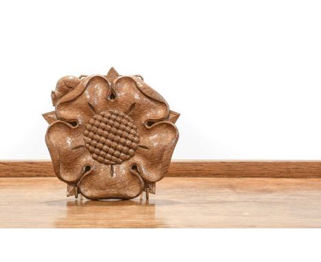 Workshop of Robert Mouseman Thompson (Kilburn): A Carved English Oak Yorkshire Rose, post 1980s, with carved mouse trademark,