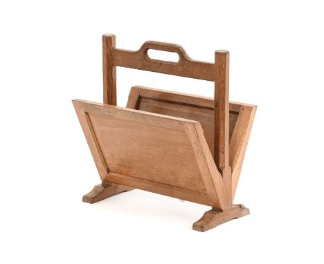 Workshop of Robert Mouseman Thompson (Kilburn): An English Oak Magazine Rack, with carrying handle between two octagonal upri