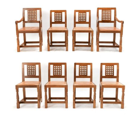 Workshop of Robert Mouseman Thompson (Kilburn): A Set of Eight (6+2) English Oak Lattice Back Dining Chairs, tan cow hide sea