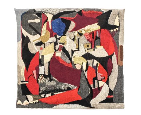 Karin Johansson (Swedish, 1921-): Red Embroidered Abstract Tapestry, wool, on two wooden hanging battens, signed Ka-J, 98cm w