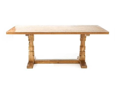 Workshop of Robert Mouseman Thompson (Kilburn): An English Oak 6ft Refectory Table, 2006, the adzed rectangular top on two oc