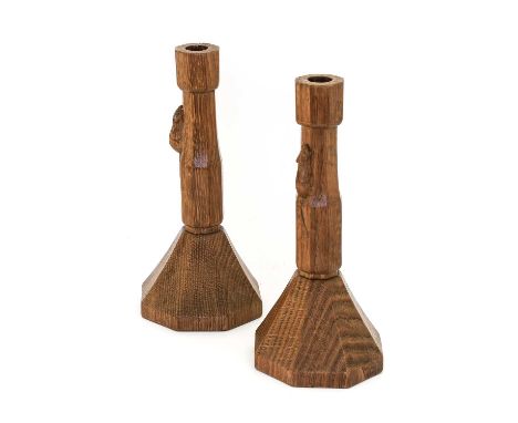 Robert Mouseman Thompson (1876-1955): A Pair of English Oak Candlesticks, of octagonal form, each with carved mouse trademark