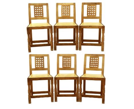 Workshop of Robert Mouseman Thompson (Kilburn): A Set of Six English Oak Lattice Back Dining Chairs, 1970s, cow hide seats, o