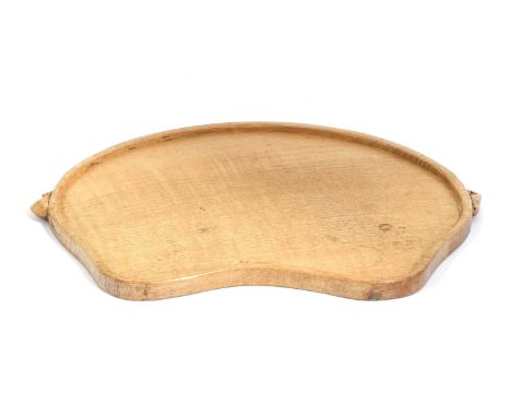 Workshop of Robert Mouseman Thompson (Kilburn): An English Oak Kidney Tea Tray, with carved mouse trademark handles, 47cm wid