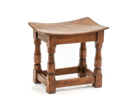 Robert Mouseman Thompson (1876-1955): A Burr Oak Dish Top Stool, with nailed top, on four octagonal legs, joined by stretcher