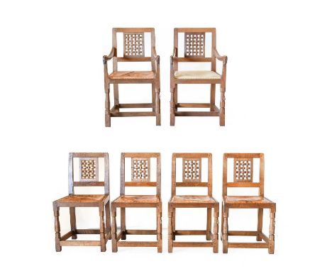 Workshop of Robert Mouseman Thompson (Kilburn): A Set of Six (4+2) English Oak Lattice Back Dining Chairs, 1958 and 1970, on 