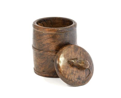 Robert Mouseman Thompson (1876-1955): An English Burr Oak Jar and Cover, by Fred Suffield, of cylindrical barrel form, the co