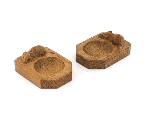 Workshop of Robert Mouseman Thompson (Kilburn): Two English Oak Ashtrays, of standard rectangular form, each with carved mous