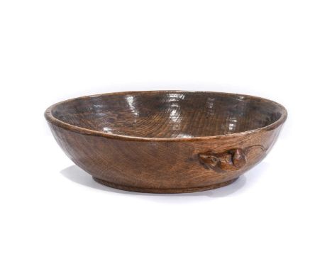 Robert Mouseman Thompson (1876-1955): An English Oak Circular Fruit Bowl, circa 1930s, tooled exterior and interior, with car