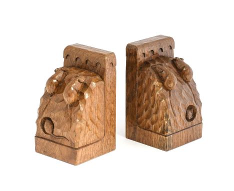 Workshop of Robert Mouseman Thompson (Kilburn): A Pair of English Oak Triple Mice Bookends, carved by Simon Cartwright, each 