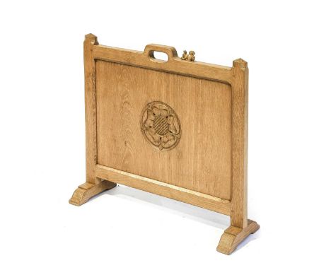 Squirrelman: Wilfrid Hutchinson (Husthwaite): An English Oak Fire Screen, carved Yorkshire rose panel, carrying aperture hand