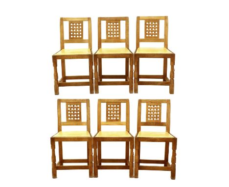 Workshop of Robert Mouseman Thompson (Kilburn): A Set of Six English Oak Lattice Back Dining Chairs, 1970s, cow hide seats, o