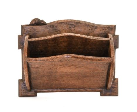 Robert Mouseman Thompson (1876-1955): An English Oak Wall Mounted Letter Rack, with two compartments and shaped back, with ca