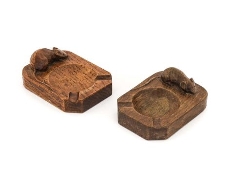 Workshop of Robert Mouseman Thompson (Kilburn): Two English Oak Ashtrays, of standard rectangular form, each with carved mous