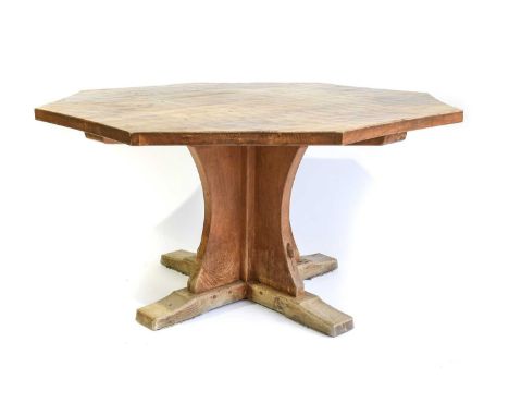 Workshop of Robert Mouseman Thompson (Kilburn): An English Oak Octagonal Dining Table, post 1971, adzed top, on a cruciform b