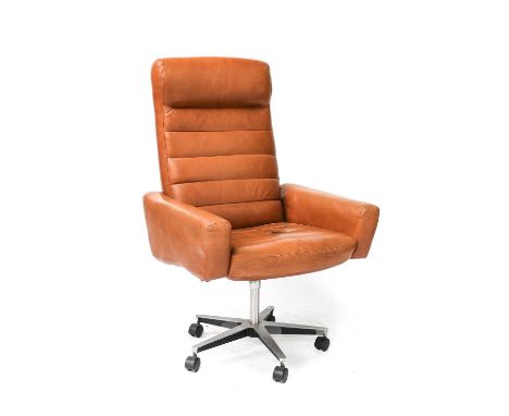 A 1970s Swivel Office Chair, made by Ring Mekanikk, cognac leather, adjustable, five prong base on wheels, stamped RING MEKAN