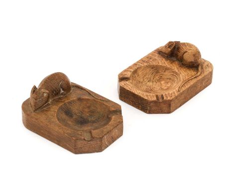 Workshop of Robert Mouseman Thompson (Kilburn): Two English Oak Ashtrays, of standard rectangular form, each with carved mous