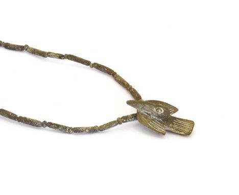 John Maltby (1936-2020): Necklace, stoneware, long and round beads, hung with a bird, impressed M potters seal mark (twice), 