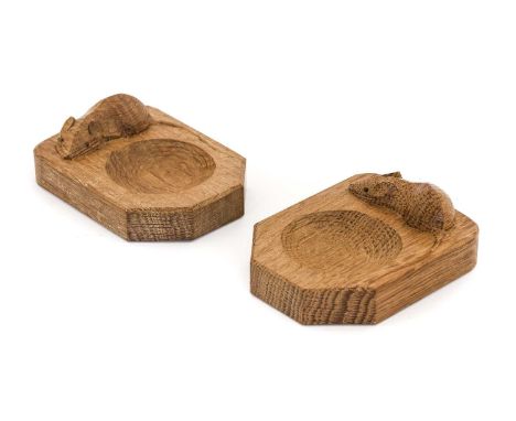 Workshop of Robert Mouseman Thompson (Kilburn): Two English Oak Ashtrays, of standard rectangular form, each with carved mous