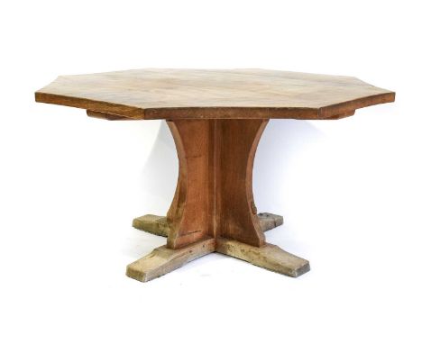 Workshop of Robert Mouseman Thompson (Kilburn): An English Oak Octagonal Dining Table, post 1971, adzed top, on a cruciform b