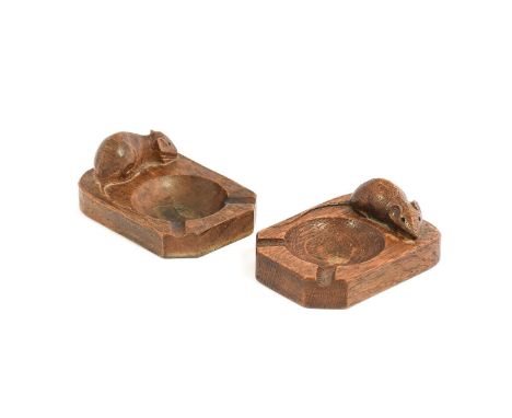 Robert Mouseman Thompson (1876-1955): Two English Oak Ashtrays, of standard rectangular form, each with carved mouse trademar