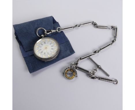 A pretty Continental silver Fob Watch,&nbsp;the white enamel dial with Roman Numerals, silver and gilt foliate decoration, th