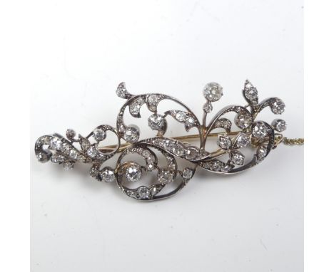 An antique diamond foliate Brooch, formed of old and single cut stones, the largest approx. 0.3ct, total diamond weight asses