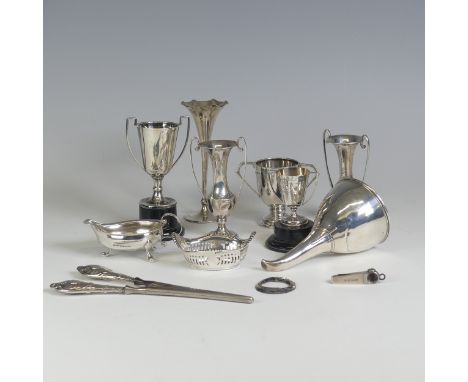 A quantity of Scrap / Damaged Silver, including three small trophy cups, a Georgian wine Funnel, lacking strainer insert, spi