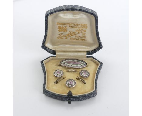 A vintage cased silver and enamel Brooch and Button set,&nbsp;the fronts with pink and white guilloche enamel, the brooch 29m